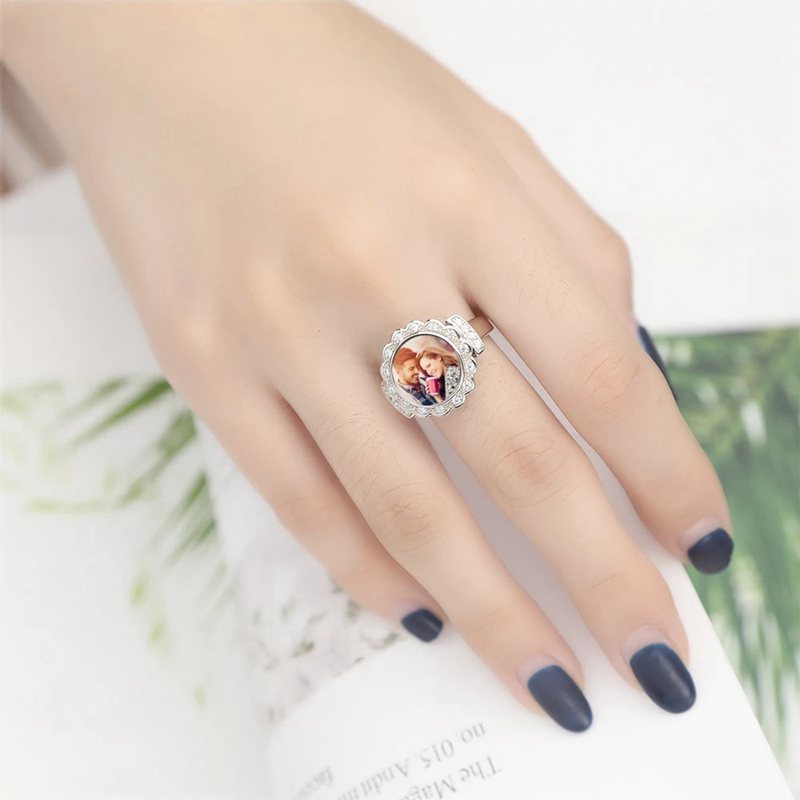 Custom Photo Ring Round Photo with Zircon