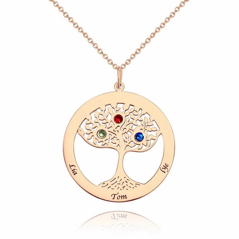 Family Tree Engraved Name Necklace with Custom Birthstone