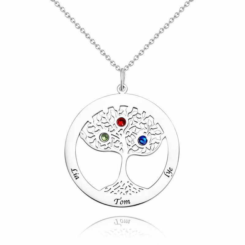 Family Tree Engraved Name Necklace with Custom Birthstone