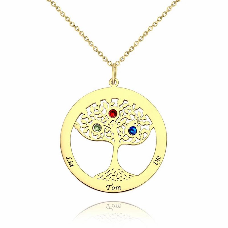 Family Tree Engraved Name Necklace with Custom Birthstone