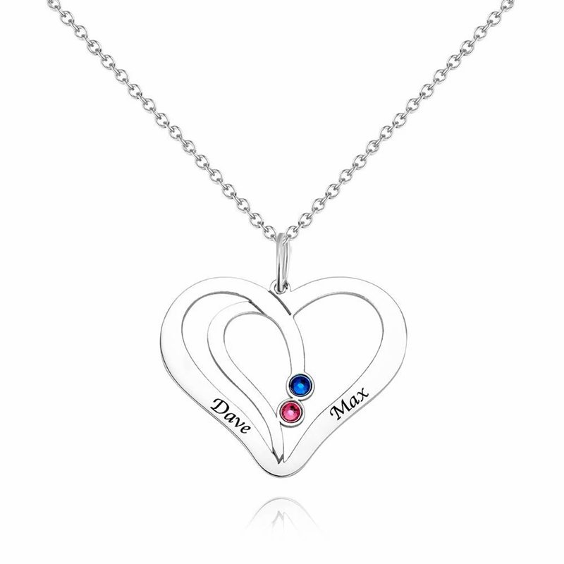 Heart Engraved Name Necklace with Custom Birthstone